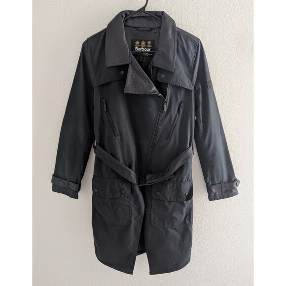 Barbour Shadow Trench Coat Women's Size 12 (US 8) Black Belted Wax Cotton Jacket - Picture 1 of 10
